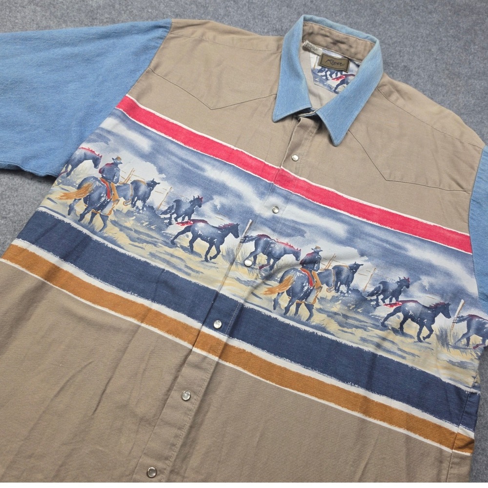 Roper Mens Western Snap Shirt Tan Blue Horse Cowboy Graphic Long Sleeve XL